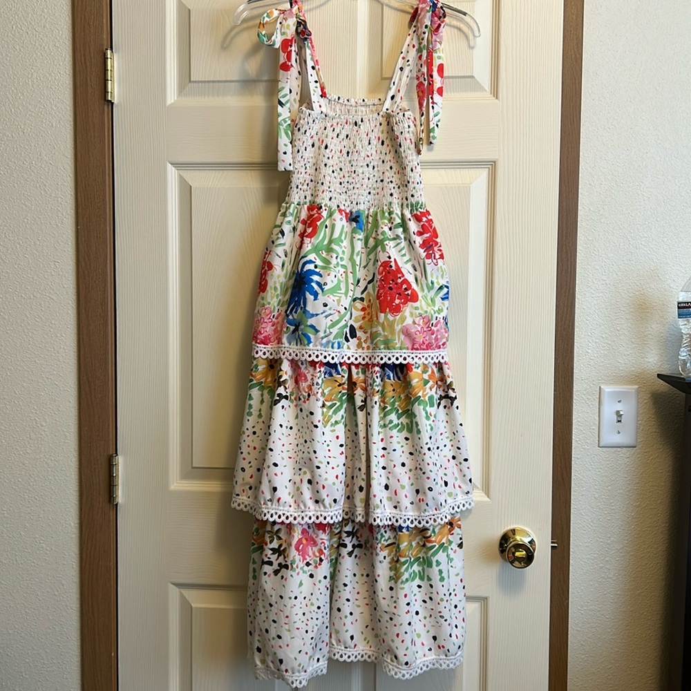 UNKNOWN Printed Midi Dress Shoulder Tie Straps & Multi Tiered Skirt Size M